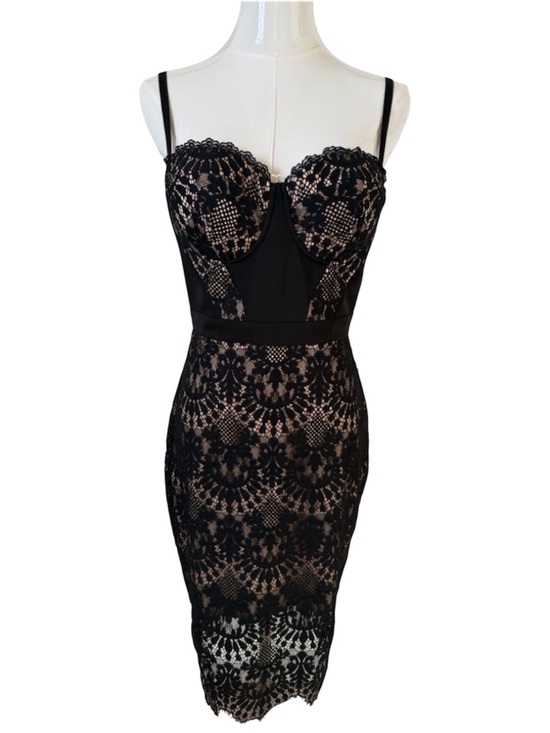 bebe Dresses & Skirts - bebe Black Lace Midi Whimsigoth Dress with Nude Lining Size 6